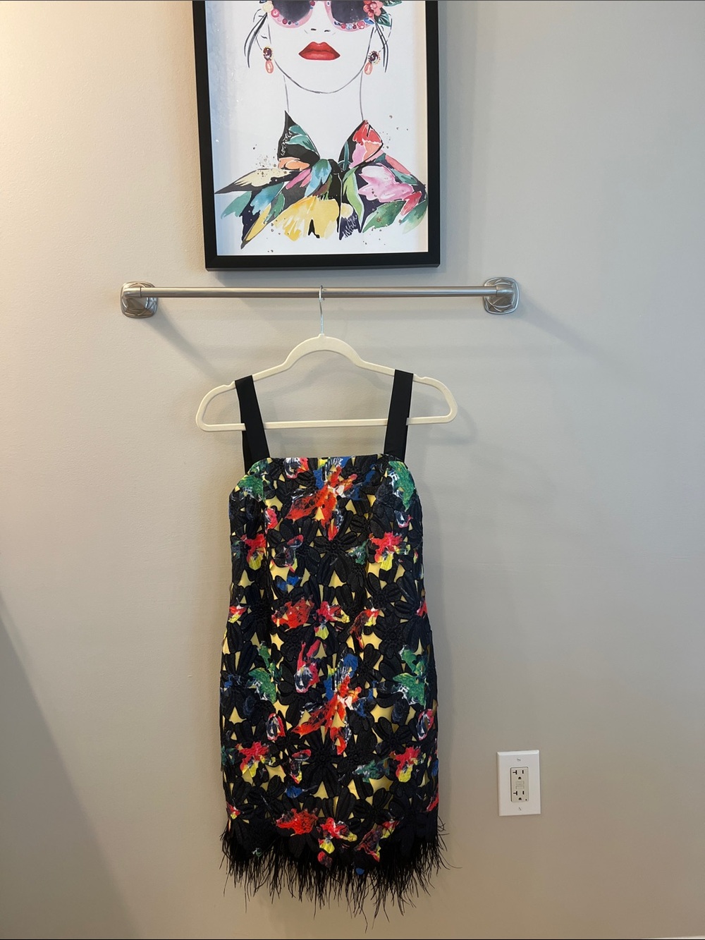 Black Floral Backless Party Dress with Feather Hem